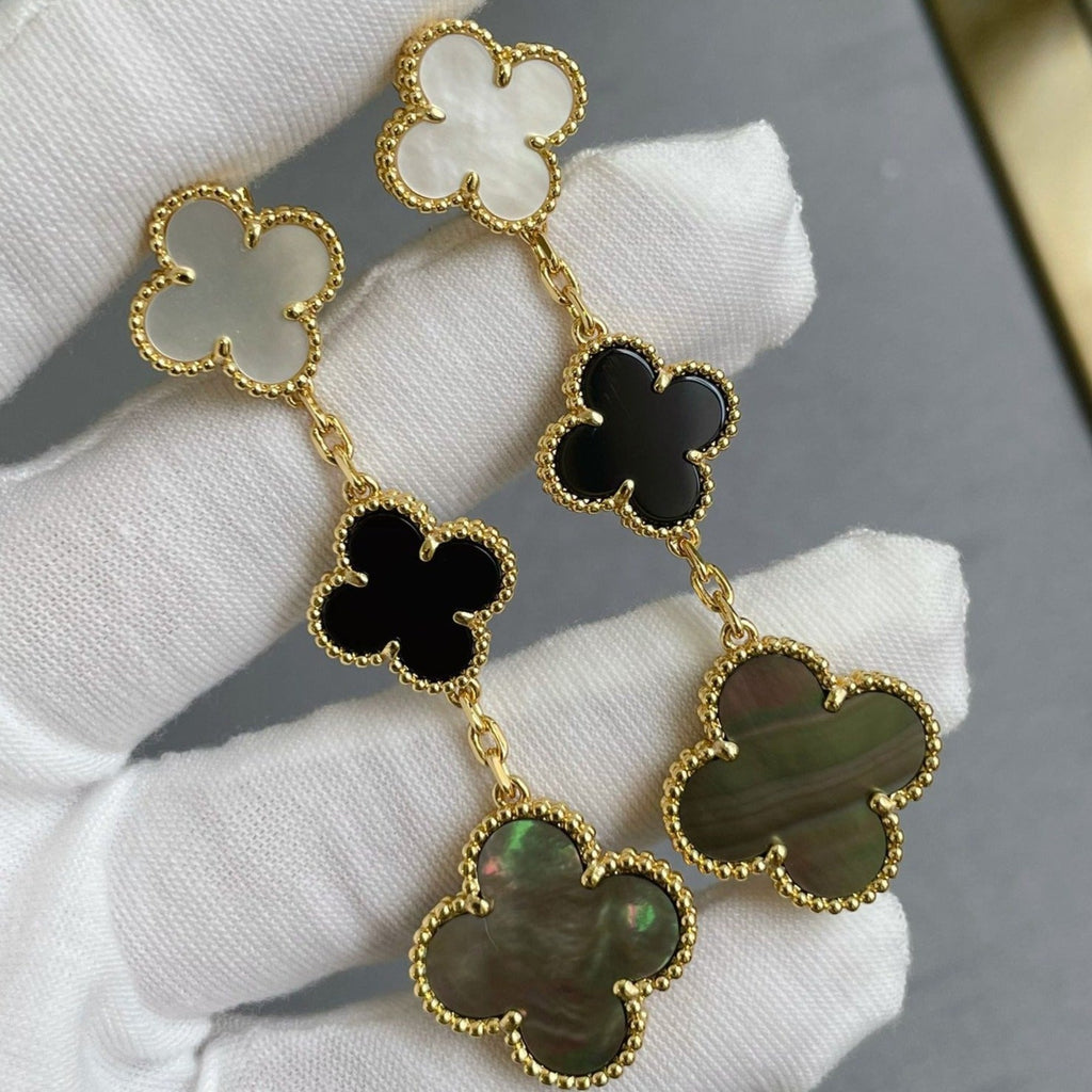 Van Cleef & Arpels CLOVER 3 MOTIF MOP ONYX DARK MOP PINK GOLD EARRINGS